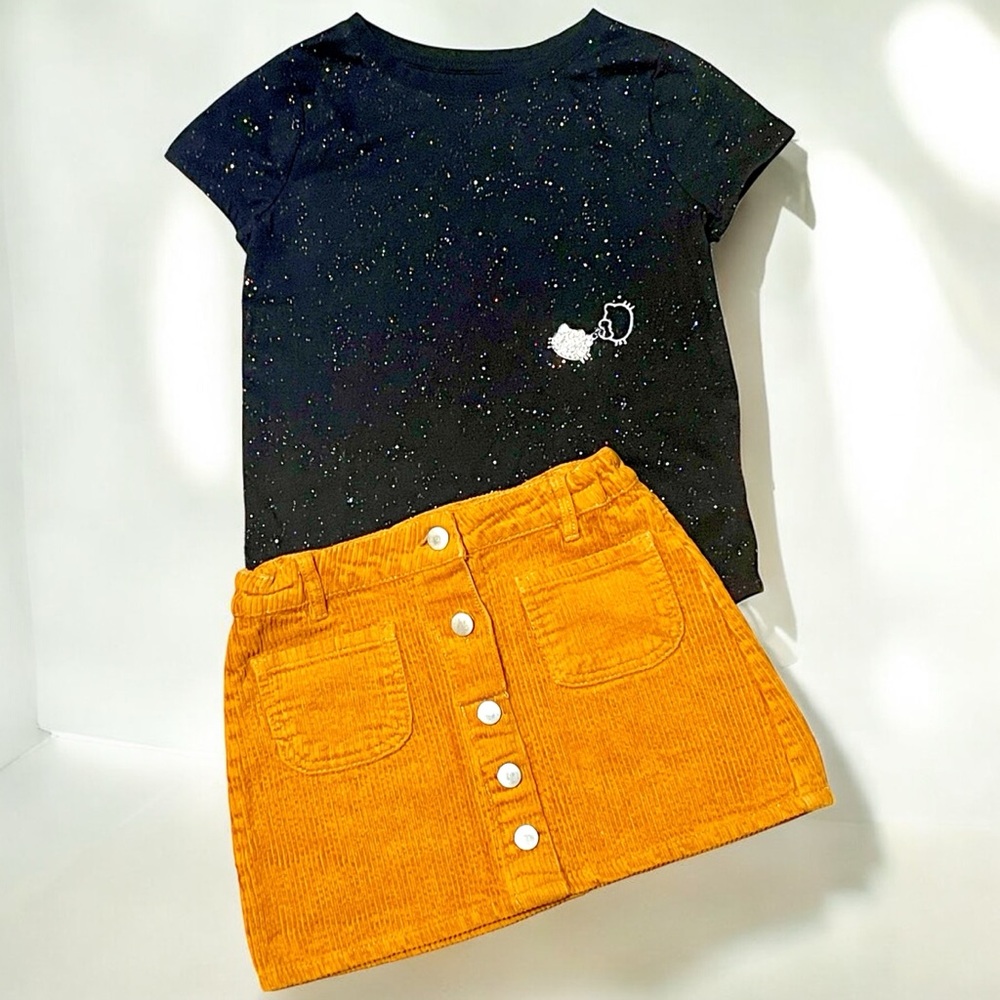 Girls 7/8 black sparkle tee with mustard corduroy skirt outfit & Hello Kitty FOB
